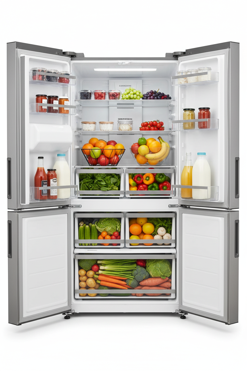 Refrigerator open showing fresh produce inside