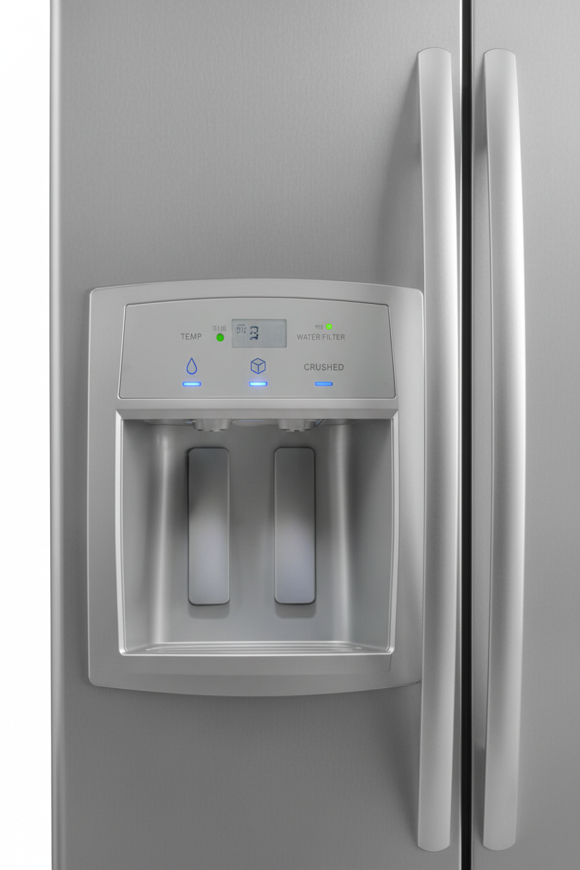 Haier side-by-side refrigerator water and ice dispenser close-up
