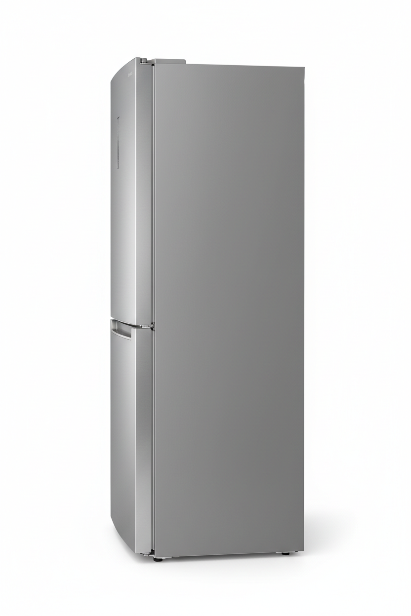 Sleek silver double door refrigerator side view